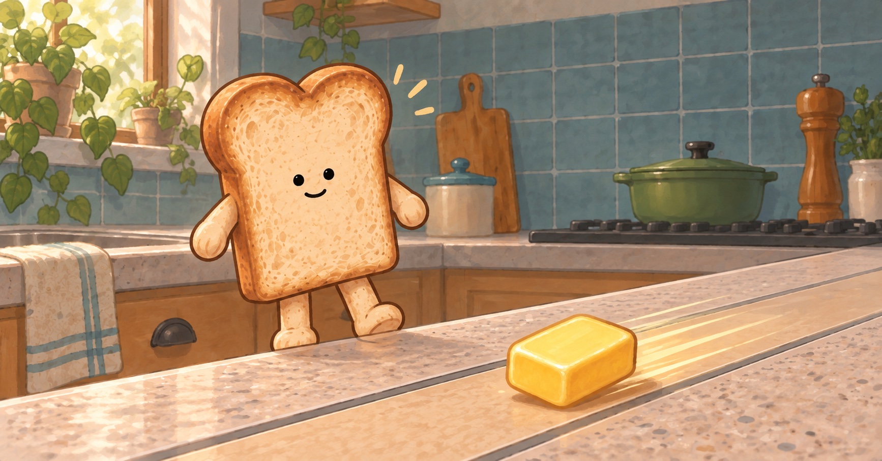 キッチンでパンのキャラクターに向かって滑るバター