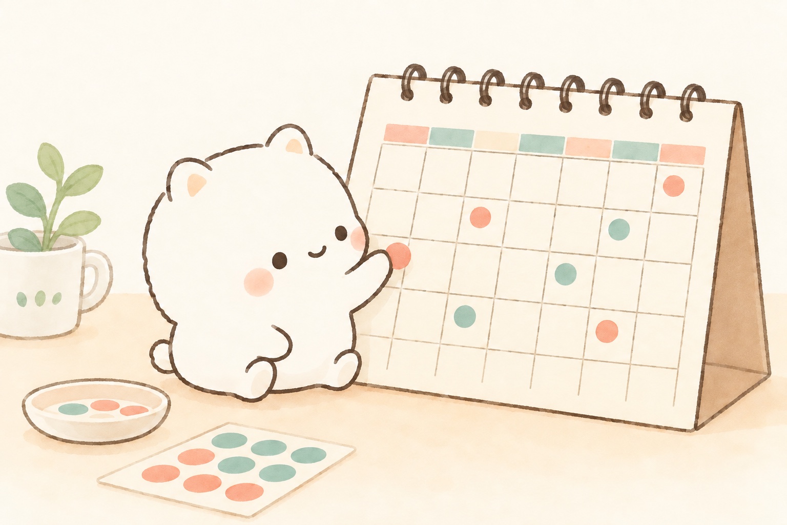 カレンダーの予定を確認する白い小さなキャラクターのイラスト