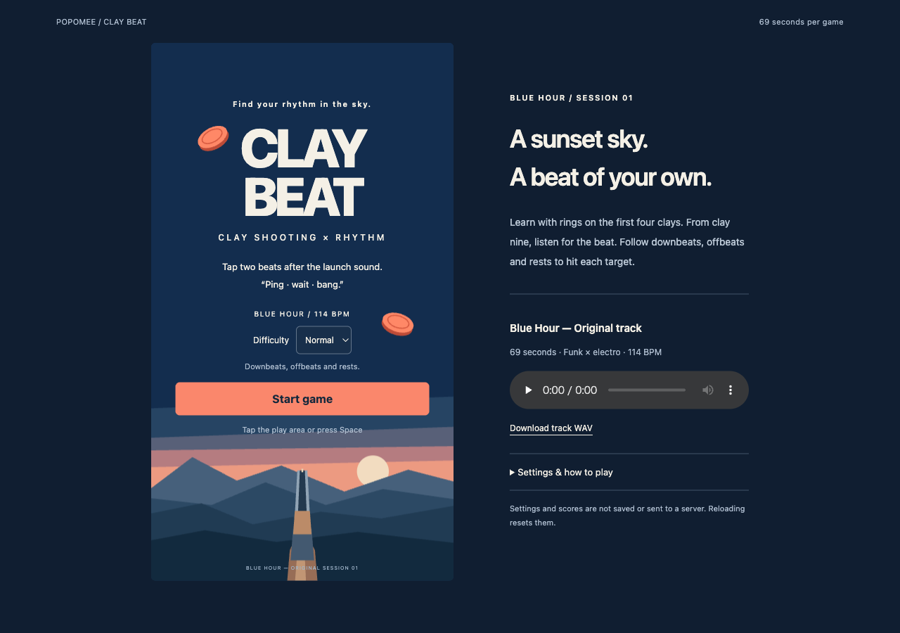 Clay Beat rhythm shooting game screen against a sunset sky