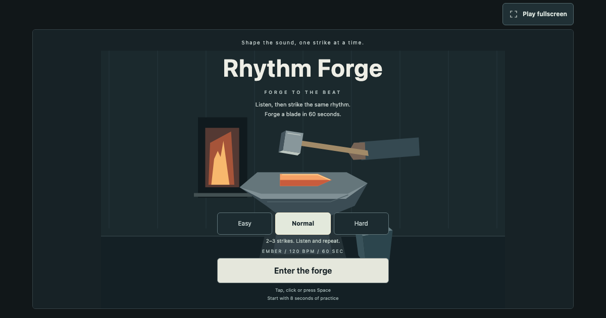 Rhythm Forge start screen with a hammer, anvil and glowing blade in a night workshop